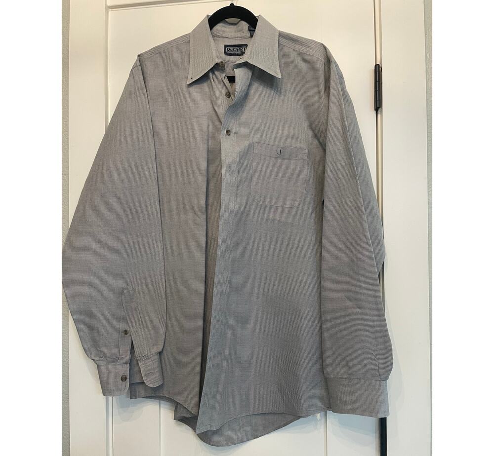 Land's End Men's Button up 16 1/2   tall  37  gray check 100% Cotton